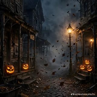 an old street with pumpkins on it at night Halloween Ambience