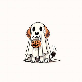 a dog wearing a ghost costume with a jack - o'- lantern in its mouth Cute Beagle Halloween Ghost With Dog, Beagle Halloween, Halloween Ghost Dog Art, Doggy Ghost, white smoke