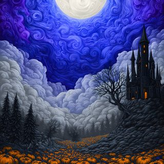 a painting of pumpkins in a field with a castle on the hill behind it Halloween Pumpkins Non Traditional Halloween Art Iphone, Pumpkin Background Art, Cool Halloween Backgrounds, dark slate blue