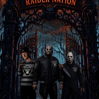 three people standing in front of an iron gate with halloween decorations on it and the words happy halloween raider nation Raiders Halloween black
