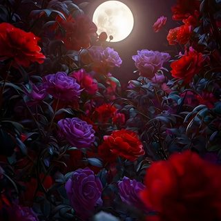 the full moon shines brightly in the dark night sky with red flowers surrounding it Moonlight Flowers Halloween Floral Moon And Rose Background, Moon And Roses Aesthetic, Roses And Moonlight Background, black