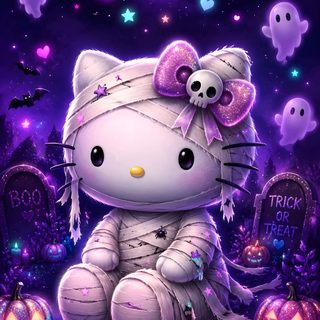a hello kitty sitting on top of a grave surrounded by halloween pumpkins and ghost Purple Hello Kitty Halloween midnight blue