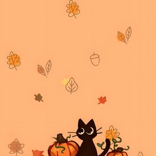 a black cat sitting on top of a pile of pumpkins next to autumn leaves Preppy Halloween Cat Cat Background, Fall Background, Cute Pumpkin Cat, Fall Kitty, light salmon