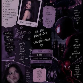 the collage is made up of many different pictures and texting, including an image of spider - man Halloween Olivia Rodrigo black