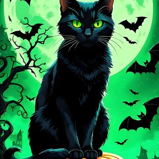 a black cat is sitting on top of a pumpkin in front of a full moon Black Cat Halloween Halloween Cat Screensaver, Halloween Halloween Black Cat, Halloween Black Cat Pillow, forest green