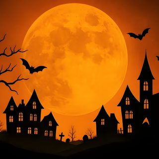 a full moon with bats flying in the sky and houses silhouetted by trees on a hill Halloween Hill Diy Halloween Village, Halloween Movie Poster, House Silhouette, saddle brown