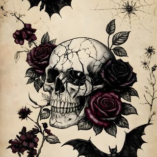 a skull with roses and bats on it Halloween Skull And Bat Crow And Skull, Victorian Gothic Decor, Horror Drawing, Witch Tattoo, Bat Tattoo, tan