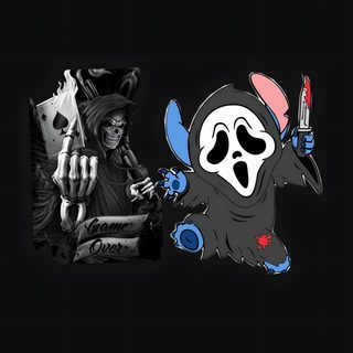 two cartoon characters sitting next to each other on a black background, one holding a knife Stitch Halloween Ghostface black