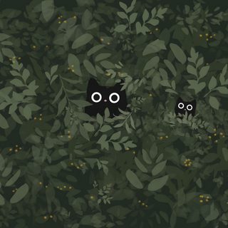 two black cats are peeking out from the leaves Halloween Black Cat Green Dark Green, Cat Background Computer, Cosy Desktop, dark slate gray