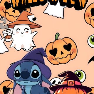 an image of halloween characters with pumpkins and ghost faces in the background for this happy halloween card Kawaii Kawaii Cute Stitch Halloween Halloween, light salmon