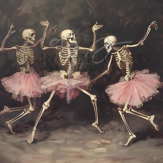 three skeletons dancing in pink tutu skirts Halloween Ballerina Coquette Skeleton, Halloween Ballerina, Skeleton Fairy Aesthetic, dark slate gray