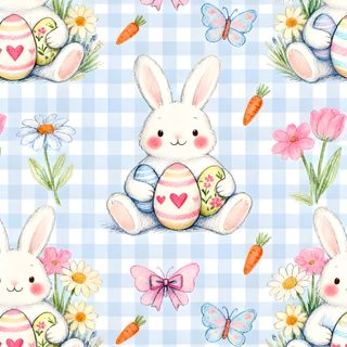 an image of easter bunnies and eggs on blue checkered background with flowers, grass and butterflies Halloween Easter Ideas Holiday, Spring Floral, Scrapbooking, Easter, Bunny, Easter Art, lavender
