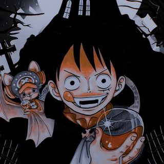 a cartoon character holding a glass in front of a house Luffy Halloween Fictional Characters, Batman, black