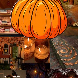 a collage of halloween images with pumpkins, candles and houses in the background Halloweentown Pumpkin saddle brown