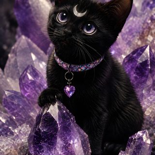 a black cat sitting on top of purple crystals Black Cat Diamonds For Halloween In Witchy, Black Cat Artwork, Black Cat Aesthetic, dark slate gray