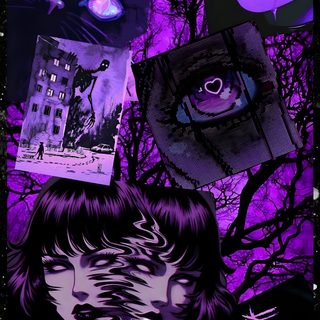 an image of a woman with cats on her head and other pictures around her face Purple Purple Edgy Aesthetic Halloween Purple Scary, Purple Horror Background, Dark Neon, midnight blue