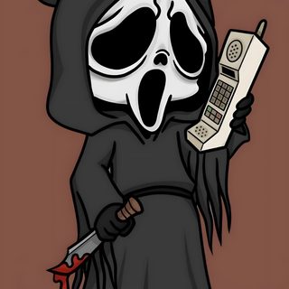 a cartoon character with a cell phone in his hand and a grimter mask on Halloween Scream Cute Ghostface Ghostface Drawing Cute, Baby Ghostface Drawing, Danny Ghostface, sienna