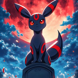 a cartoon character sitting on top of a statue in front of a red full moon Halloween Umbreon Umbreon Fanart, Favorite Pokemon, Espion Pokemon, Umbreon Art, dark slate gray