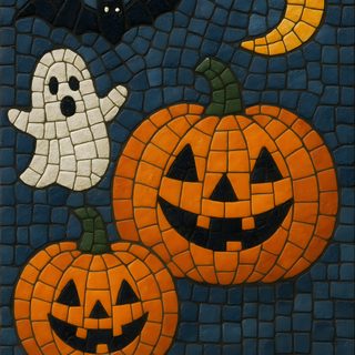 three jack o lantern pumpkins on a mosaic tile background with bats and ghost faces Halloween Celtic Tiles Custom Ghost Mosaic, Halloween Mosaic Art, Halloween Mosaic, dark slate gray