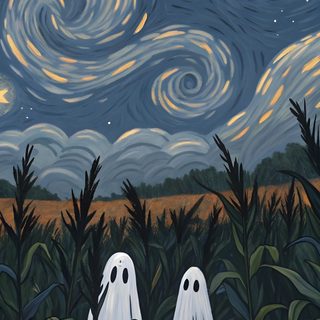 two white ghost standing in the middle of a cornfield under a night sky with stars and swirls Halloween Space Halloween Iphone Aesthetic, Halloween Home Screen, Iphone Halloween Aesthetic, dark slate gray
