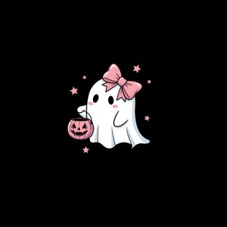 a ghost with a pink bow holding a pumpkin in its mouth on a black background Halloween Girl Aesthetic Cute Pastel Ghost, Cute Ghost Iphone, Ghosts, Pink Ghost, Cute Halloween, black