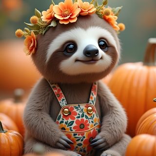 a slotty with flowers on her head sits among pumpkins Halloween Sloth Sloth Cute Pics, Sloths Pictures Cute, Cute Sloth Face, Sloth Cute Pictures, dim gray