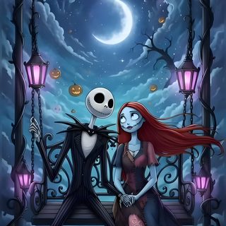 a skeleton sitting on top of a bench next to a woman in a red dress This Is Halloween Nightmare Before Christmas Jack And Sally Iphone, Jack The Pumpkin King, Jack Sally, dark slate gray