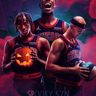 two basketball players holding pumpkins in front of a red and blue background with the words spooky szn on it Halloween Nba Chicago Bulls Costume, Chicago Bulls Poster, Chicago Bulls Black Background, midnight blue