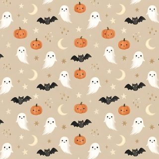 a halloween themed wallpaper with pumpkins, bats and ghost faces on it's beige background Halloween Pumpkin Pattern wheat