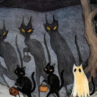 a group of black cats walking down a street with pumpkins in front of them Vintage Halloween Art Surreale Kunst, Illustration Japonaise, Cat, Halloween Art, Pantera, dark slate gray