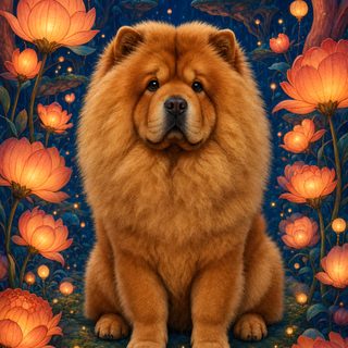 a large brown dog sitting on top of a lush green field next to flowers and trees Halloween Chow Chow saddle brown