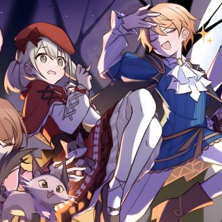 anime characters standing in front of a full moon with bats and trees behind them, all looking at the camera Pjsk Halloween Project Sekai Halloween Cards, Project Sekai Official Art, Project Sekai Halloween, gray