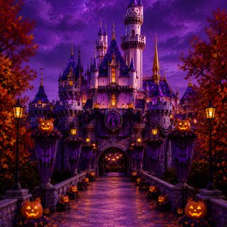 a castle with pumpkins on the ground in front of it and purple skies above Disney Castle Halloween midnight blue