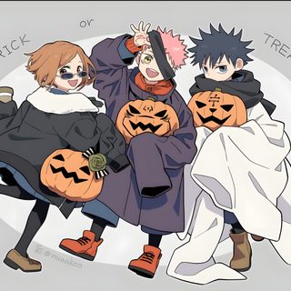 three people dressed up in costumes and holding jack - o'- lantern pumpkins Jujustu Kaisen Halloween 4k Megumi Halloween, Jujutsu Kaisen Halloween, Halloween Anime Pfp Jjk, light gray