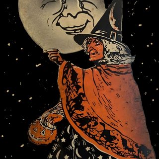 a drawing of a woman carrying a full moon on her back Beistle Halloween Witch, Halloween, Scary Movies, October 31st, Vintage Halloween Witch Cartoon, black