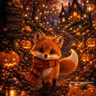 a painting of a fox wearing a scarf and standing in the middle of pumpkins Halloween Forest Animals maroon