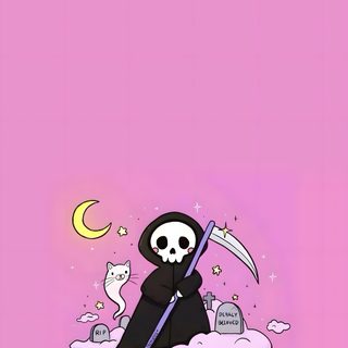 a cartoon character sitting on top of a cloud with a sculler in his hand Halloween Pastel Scary Halloween Phone Background, Cute Grim Reaper Illustration, Pastel Gothic Art, plum