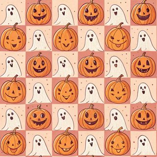 halloween pumpkins and ghost faces on pink squares with white ghosts in the background seamlessly Halloween Squares Custom Halloween Pattern Drawing, Cute Ghost And Pumpkin Pattern, Cute Halloween Pattern October, light salmon