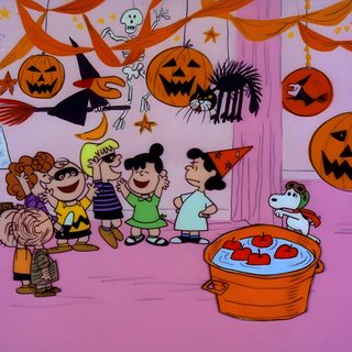 an animated halloween scene with pumpkins hanging from the ceiling Charlie Brown Halloween Desktop Retro Halloween Laptop, Snoopy Halloween Laptop, Snoopy Halloween Desktop, pale violet red