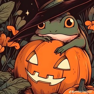 a frog wearing a witches hat sitting on top of a pumpkin in a field with flowers Cute Halloween Frog Frosch Illustration, Halloween Iphone Backgrounds, Halloween Backgrounds, dark olive green