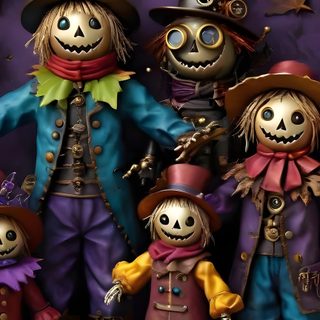 a group of three scarecrows standing next to each other in front of a purple wall Halloween Family Cameos Gothic Thanksgiving, Beautiful Halloween, Cute Scarecrow, dark slate gray