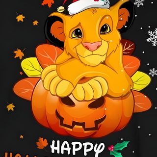 a lion wearing a santa hat sitting on top of a pumpkin with the words happy halloween Lion King Halloween Lion King Happy, Happy Thanksgiving Disney, Disney Stitch Happy Thanksgiving, black