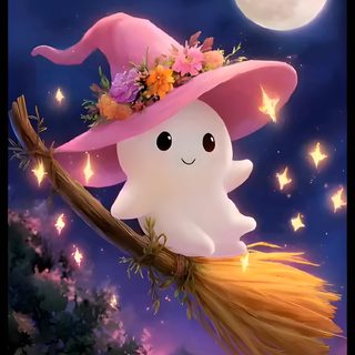 a cute little ghost with a pink hat and broom flying in the sky at night Kawaii Halloween Gif Cute Halloween Gif, Kawaii Halloween Gif, Animated Cute Happy Halloween, dark slate gray