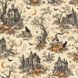 an old fashioned halloween scene with pumpkins, bats and cats on the tree branches Halloween Toile tan