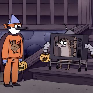 a cartoon character is standing in front of a television set with pumpkins on it Regular Show Halloween Mordecai And Rigby Halloween Costume, Adventure Time, Cartoon Network, dark slate gray