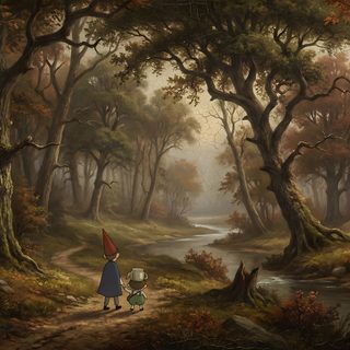a painting of two children walking through a forest with a stream in the foreground Halloween Over The Garden Wall Over The Garden Wall Backgrounds, Over The Garden, Over The Garden Wall Background, dark slate gray
