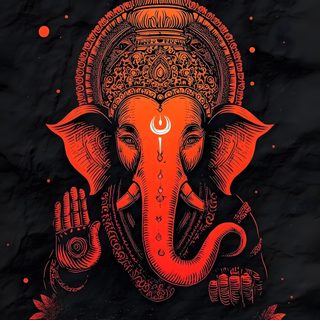 an elephant is shown with bells hanging from it's head and its trunk in the air Ganesh Halloween Ganesha Poster, Neon, Ganesha In Dark Background, Gods Timing, Lord Ganesha, black