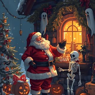 a santa clause standing in front of a house with skeletons and pumpkins on the ground Halloween Santa Claus Scary Christmas Iphone, Halloween Santa Claus, Halloween Santa, dark slate gray