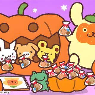 an image of some animals and pumpkins Pom Pom Purin Halloween Pompompurin Thanksgiving, Pompompurin Fall, Pompompurin Halloween, salmon