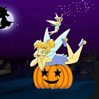 a cartoon character sitting on top of a pumpkin Tinkerbell Halloween Tinkerbell Sleepy Hollow, Tinkerbell Characters Halloween, Tinkerbell Thanksgiving, midnight blue
